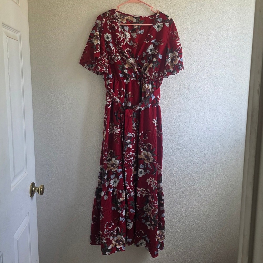 SHEIN Red Floral V-Neck Maxi Dress Flutter Sleeve Tiered Boho L 8/10
